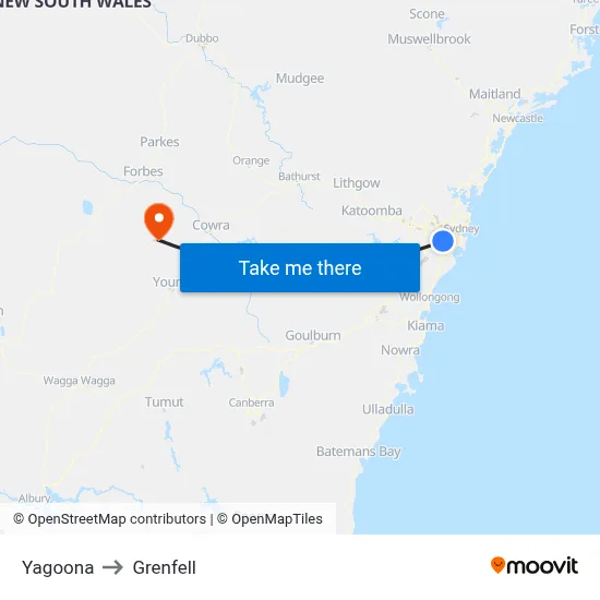 Yagoona to Grenfell map
