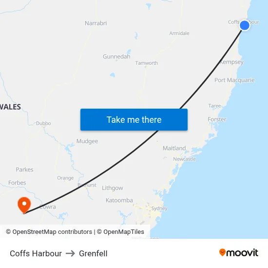 Coffs Harbour to Grenfell map