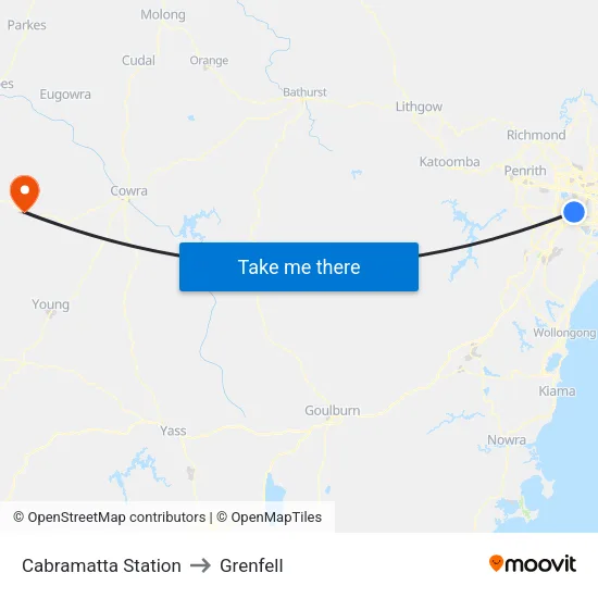Cabramatta Station to Grenfell map