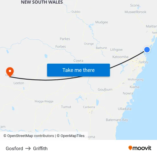 Gosford to Griffith map