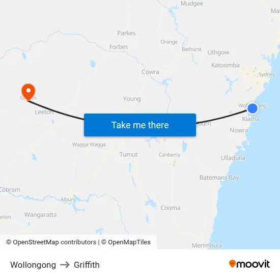 Wollongong to Griffith map