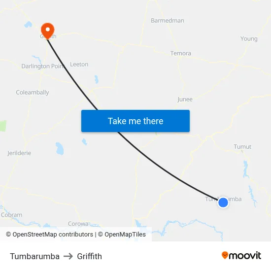 Tumbarumba to Griffith map