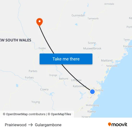 Prairiewood to Gulargambone map
