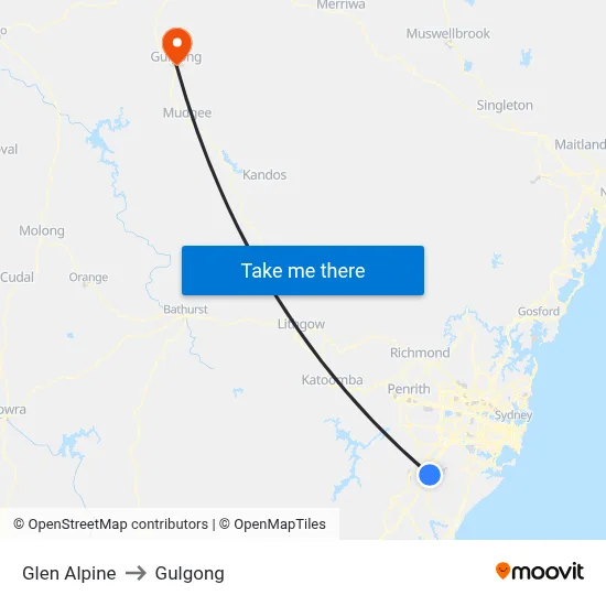 Glen Alpine to Gulgong map