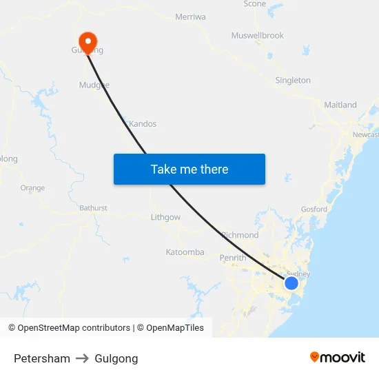 Petersham to Gulgong map