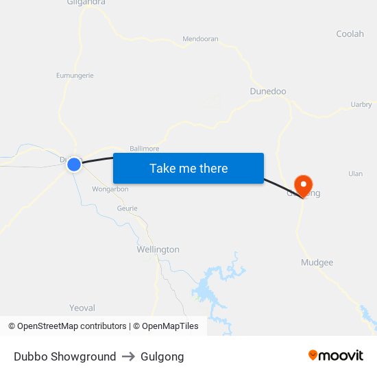 Dubbo Showground to Gulgong map