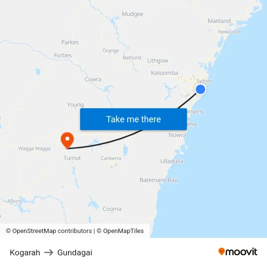 Kogarah to Gundagai map