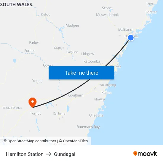 Hamilton Station to Gundagai map
