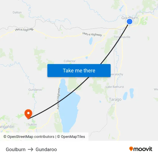 Goulburn to Gundaroo map