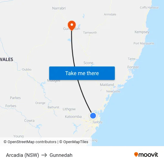 Arcadia (NSW) to Gunnedah map