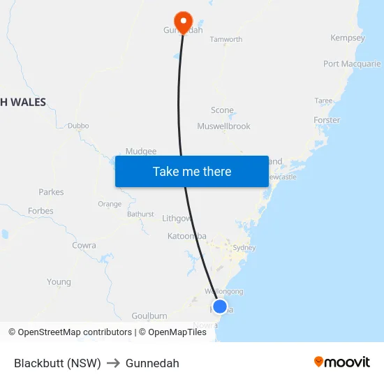 Blackbutt (NSW) to Gunnedah map