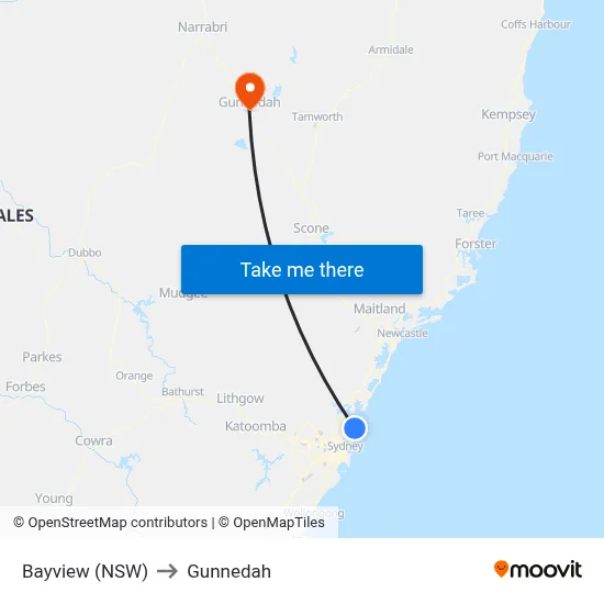 Bayview (NSW) to Gunnedah map