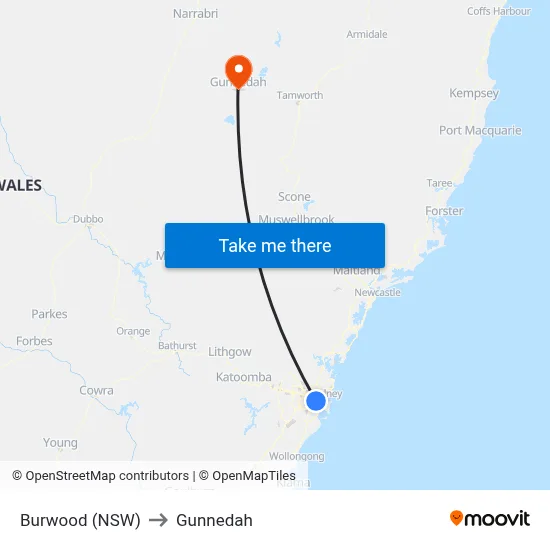 Burwood (NSW) to Gunnedah map
