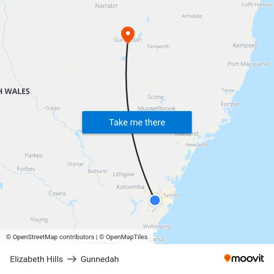 Elizabeth Hills to Gunnedah map