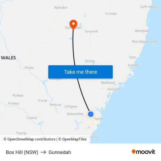 Box Hill (NSW) to Gunnedah map