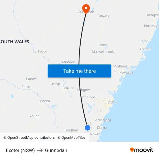 Exeter (NSW) to Gunnedah map