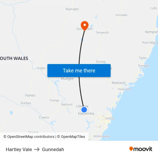 Hartley Vale to Gunnedah map