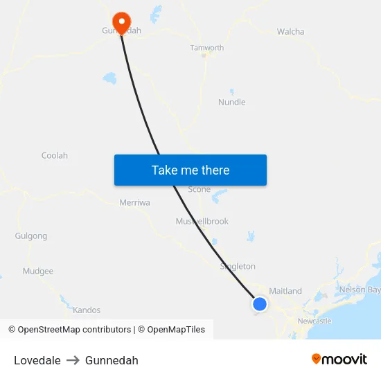Lovedale to Gunnedah map