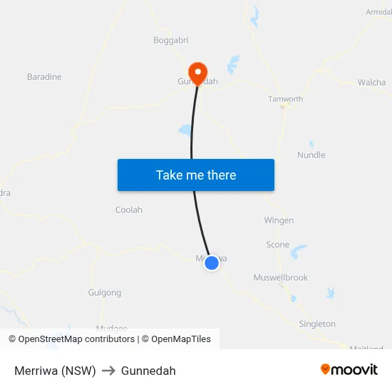 Merriwa (NSW) to Gunnedah map