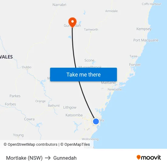 Mortlake (NSW) to Gunnedah map