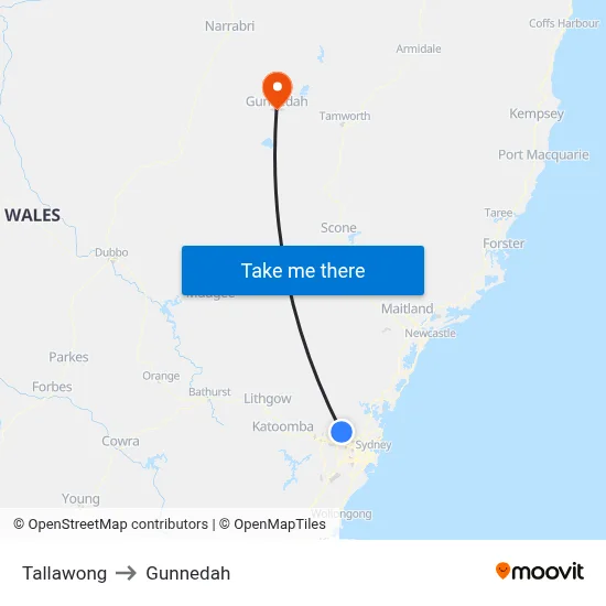 Tallawong to Gunnedah map