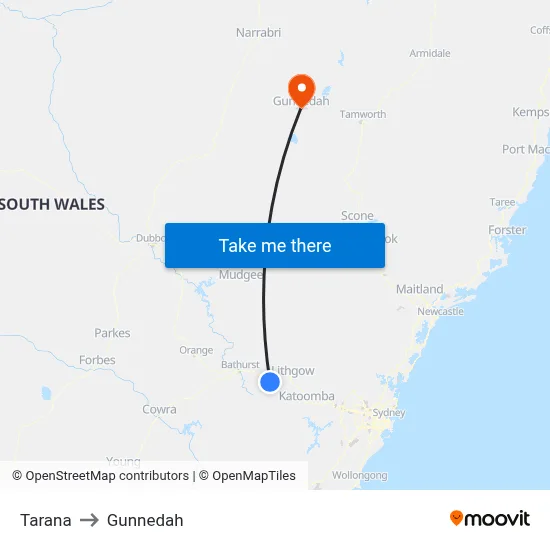 Tarana to Gunnedah map