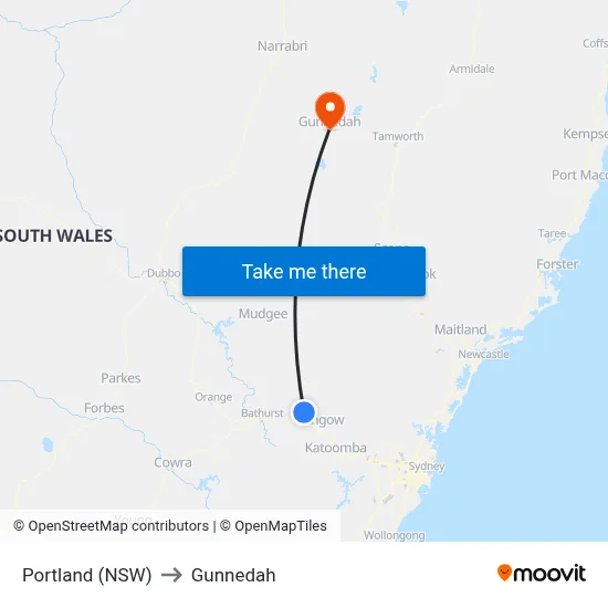Portland (NSW) to Gunnedah map
