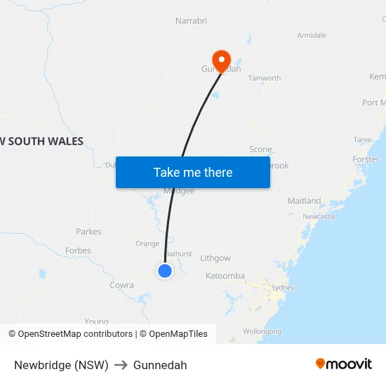 Newbridge (NSW) to Gunnedah map