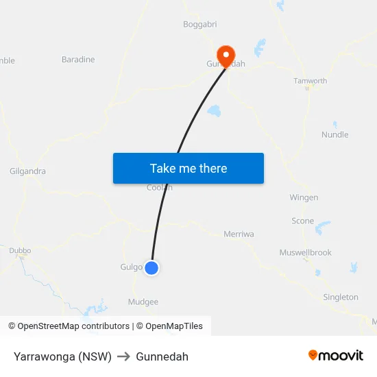 Yarrawonga (NSW) to Gunnedah map