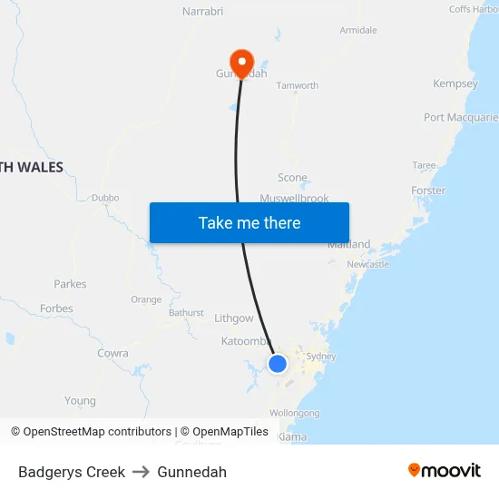 Badgerys Creek to Gunnedah map