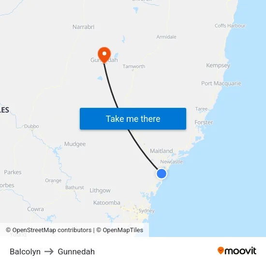 Balcolyn to Gunnedah map