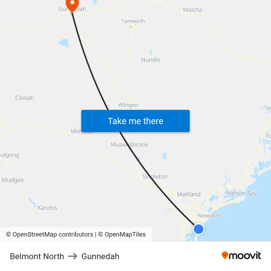 Belmont North to Gunnedah map