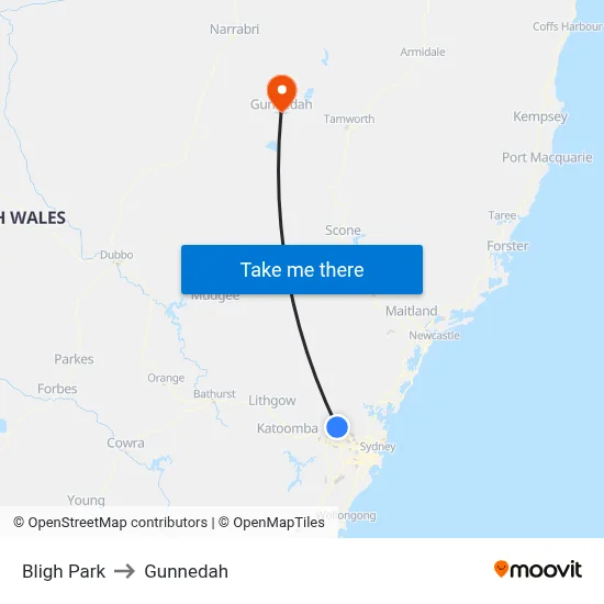 Bligh Park to Gunnedah map