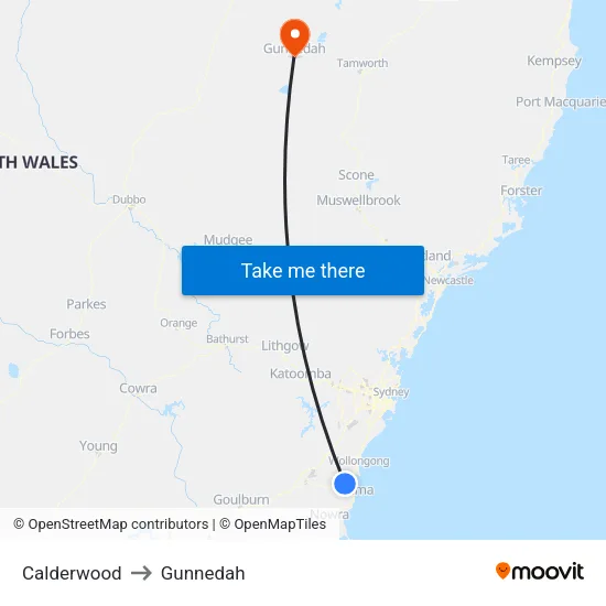 Calderwood to Gunnedah map