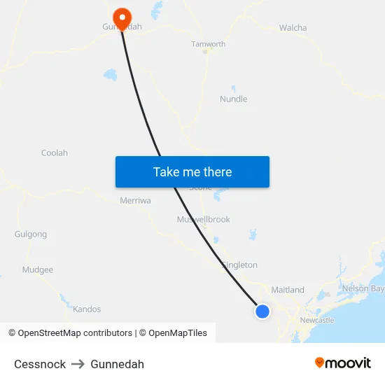 Cessnock to Gunnedah map