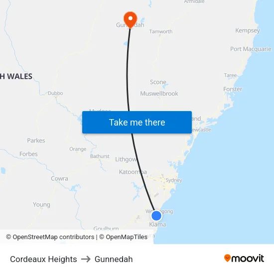 Cordeaux Heights to Gunnedah map