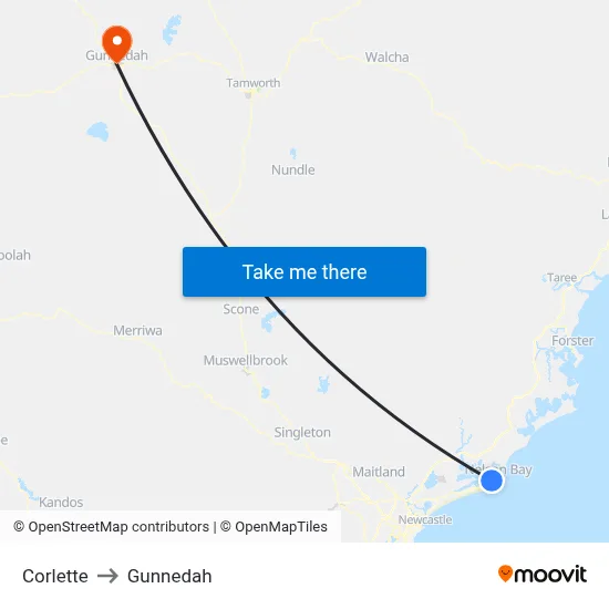 Corlette to Gunnedah map