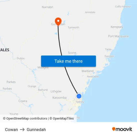 Cowan to Gunnedah map
