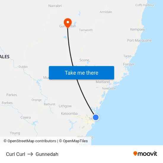 Curl Curl to Gunnedah map