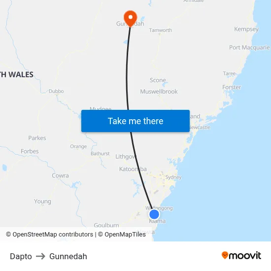 Dapto to Gunnedah map