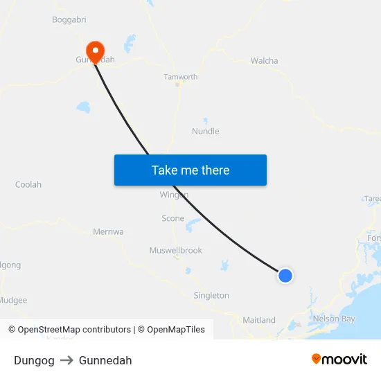 Dungog to Gunnedah map