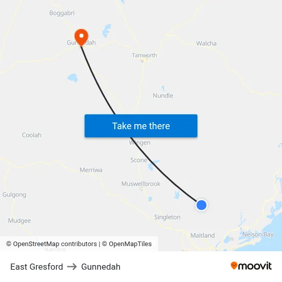 East Gresford to Gunnedah map
