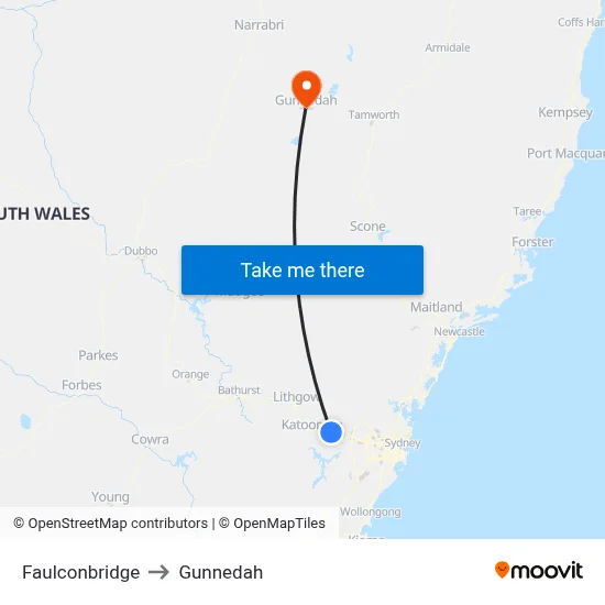 Faulconbridge to Gunnedah map