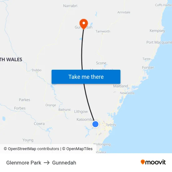 Glenmore Park to Gunnedah map