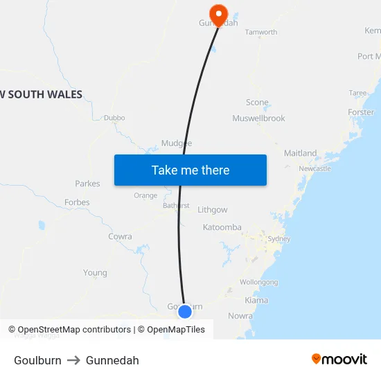Goulburn to Gunnedah map