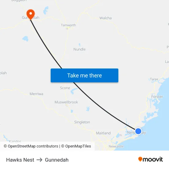 Hawks Nest to Gunnedah map