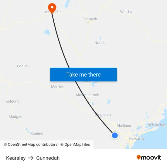 Kearsley to Gunnedah map