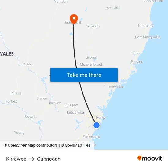 Kirrawee to Gunnedah map