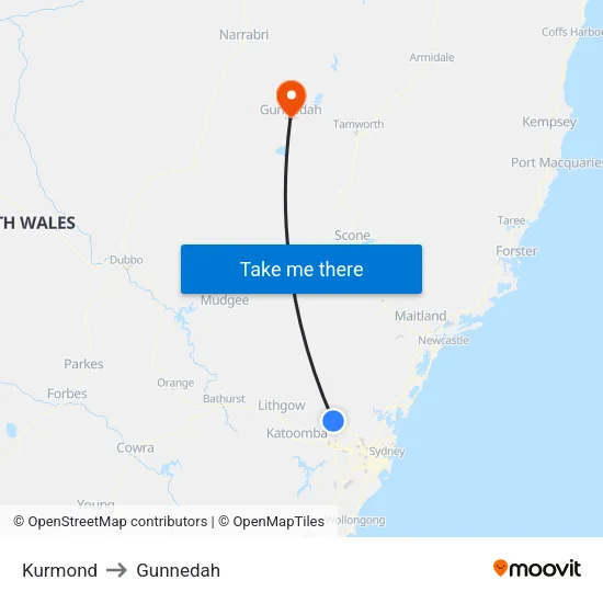 Kurmond to Gunnedah map