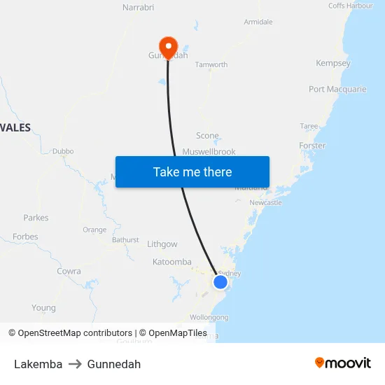 Lakemba to Gunnedah map